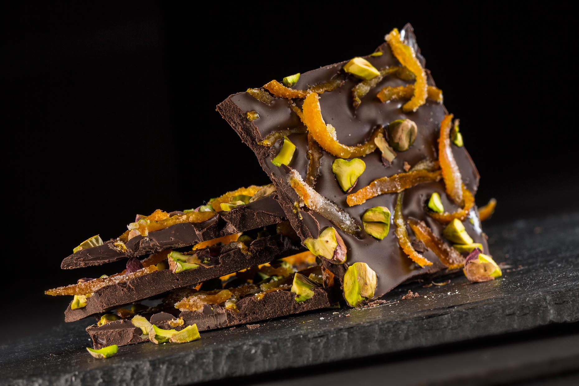 Dessert Photography | Chocolate with Pistachios and Orange Rind|Dessert Photography