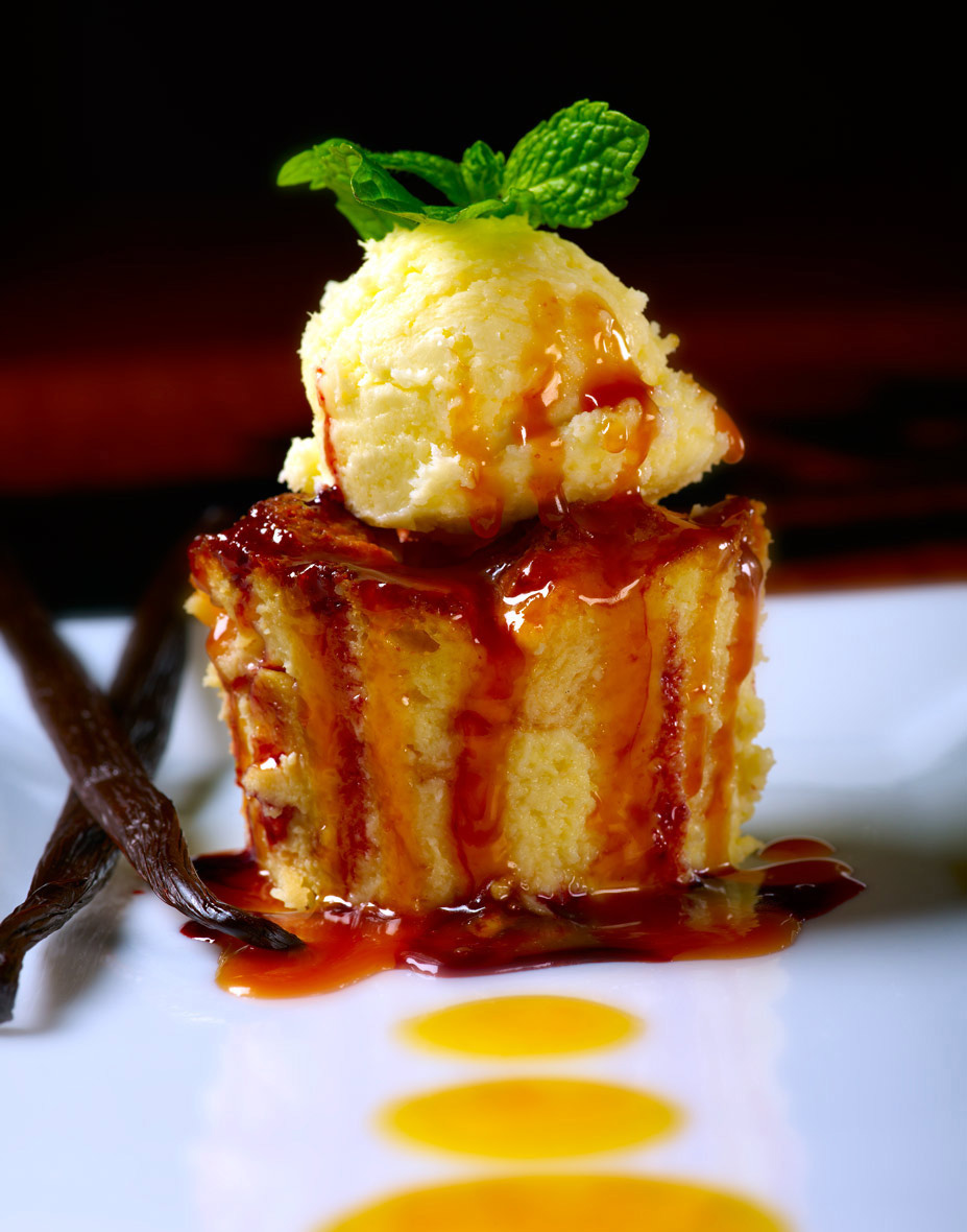 Dessert Photography | Bread pudding & ice cream dessert